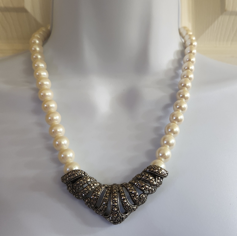 Vintage Avon Faux Pearl and Marcasite Necklace